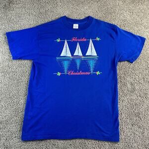 VTG 90s Florida Shirt Mens XL Blue Christmas Reflection Sail Boat Single Stitch
